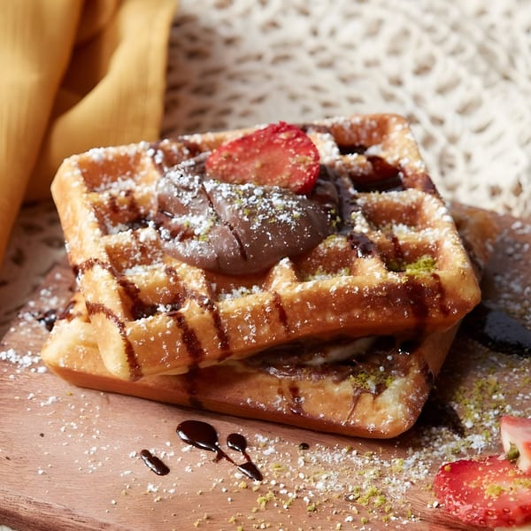 Two golden waffles topped with chocolate spread, powdered sugar, strawberries, and pistachio crumbles.