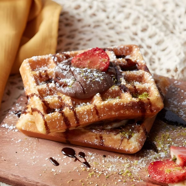 Two Pistachio Cafe waffles with chocolate, strawberries, powdered sugar, and pistachio crumbles on a wooden board.