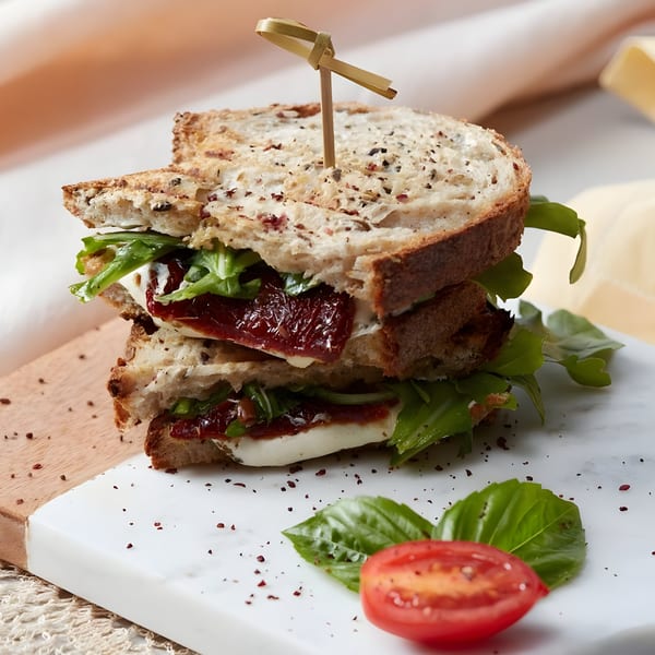 A Pistachio Cafe sandwich with sun-dried tomatoes, mozzarella, and arugula on toasted bread.