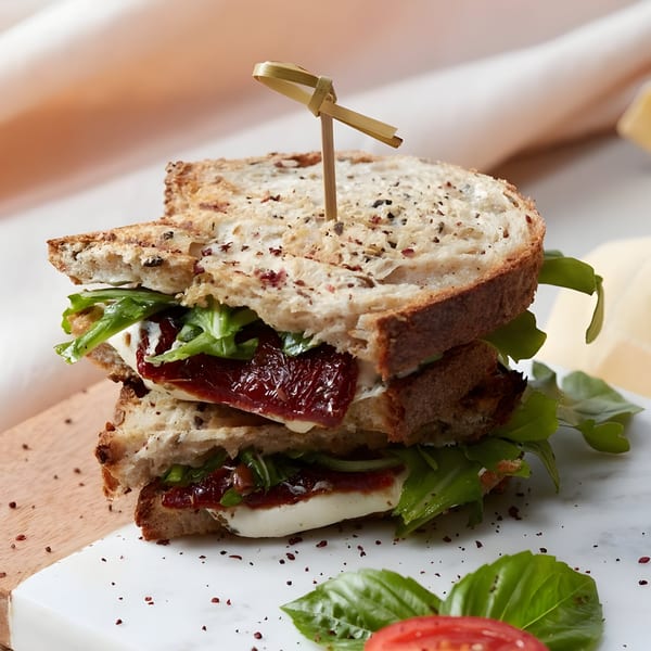 A stacked sandwich with sun-dried tomatoes, mozzarella, and arugula on toasted bread, garnished with basil.